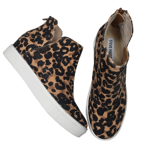 Steve Madden | Claud Brown Leopard Canvas High Top Hidden Wedge Sneakers 8.5 - Picture 1 of 12